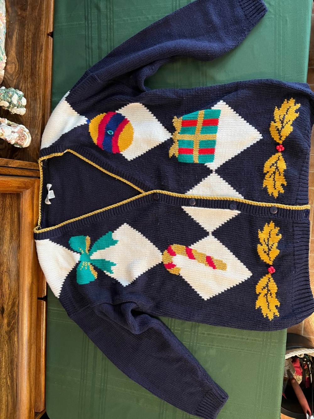 Navy Holiday Motif Button-Up Cardigan Sweater